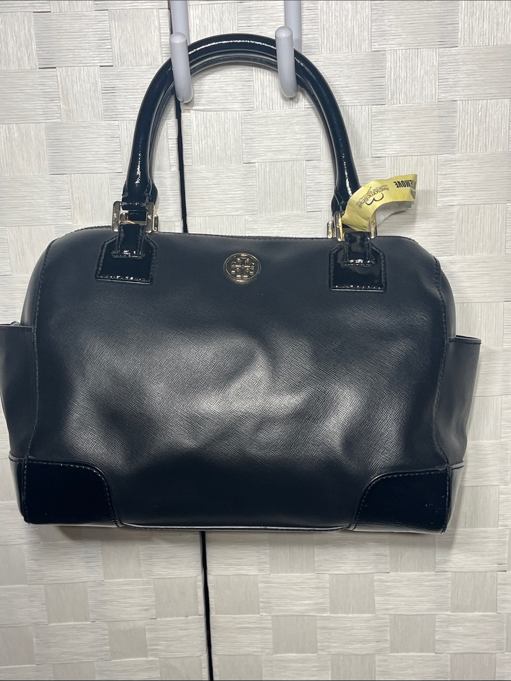 Tory Burch Black Leather Satchel w Gold Logo Eye Catching Beautiful Luxury